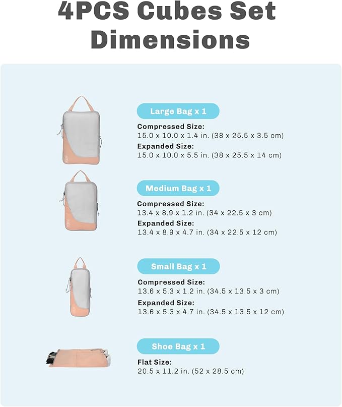 Hynes Eagle 6 Set/ 4 Set/ 2 Set Compression Packing Cubes Travel Essentials Lightweight Nylon Luggage Suitcase Organizer Bag Light Pink 4PCS