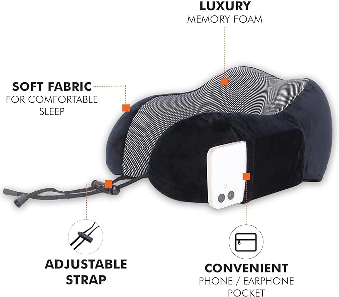 Airplane Travel Neck Pillow, 100% Memory Foam Ergonomic Neck Support, Airplanes Neck Pillow with Washable Cover Travel Essential for Flight & Office Include Eye Mask, Earplugs & Carry Bag (Black)