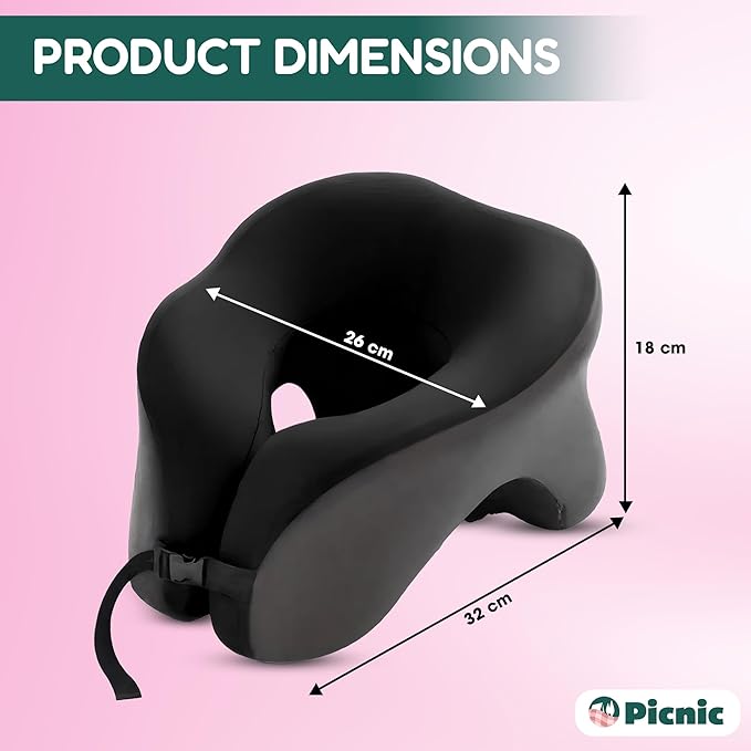 Picnic Neck Pillow for Traveling | 100% Pure Memory Foam Travel Pillow for Airplanes, Car & Office | Ergonomic Support with Adjustable Clasp, Eye Mask & Compact Travel Bag | Perfect for Relaxation