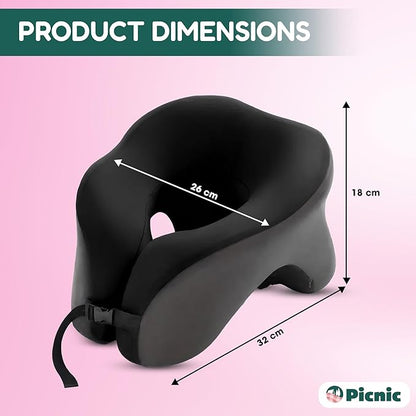 Picnic Neck Pillow for Traveling | 100% Pure Memory Foam Travel Pillow for Airplanes, Car & Office | Ergonomic Support with Adjustable Clasp, Eye Mask & Compact Travel Bag | Perfect for Relaxation
