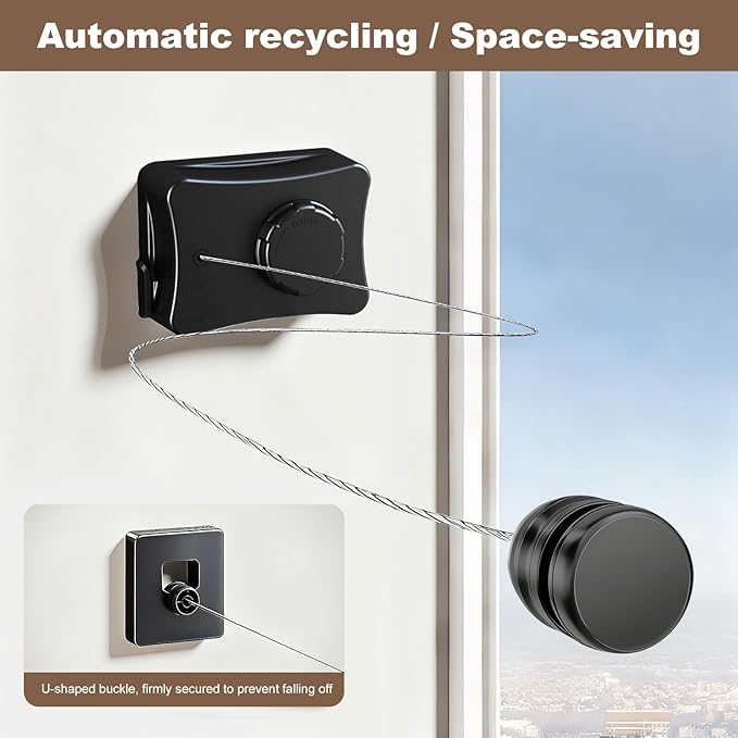 Retractable Clothesline for Outdoor & Indoor Use, 16.73 Ft Heavy Duty Retracting Clothes Line with Single Stainless Steel Rope - Laundry Drying Rack for Bathroom, Outside Areas (Black)