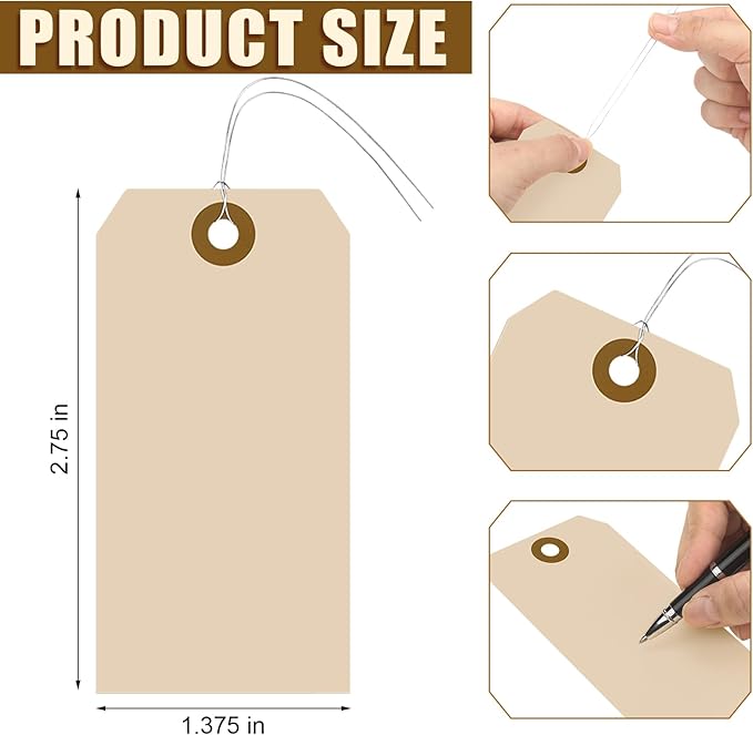 1000 Pcs Blank Manila Shipping Tags with Wire 2 3/4" x 1 3/8" Paper Hang Luggage Asset Gift Label Key Tags (Khaki)