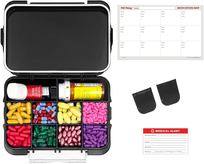 12 Compartment Large Pill Case with Airtight Seal - Silicone Gasket Waterproof Med Organizer Box with Medication Map, Medical Alert Card (Black, 1 Pack)