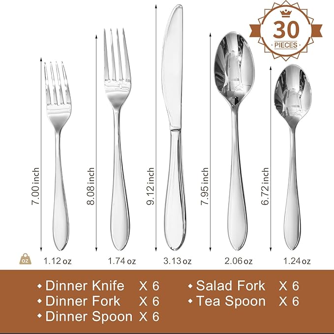 KINGSTONE 30-Piece Silverware Set for 6,18/10 Premium Stainless Steel Flatware Set, for Home, Restaurant, Wedding and Party Use,Mirror-Polished Cutlery Set, Dishwasher Safe.