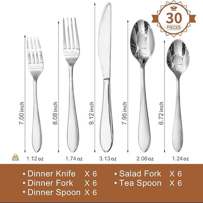 KINGSTONE 30-Piece Silverware Set for 6,18/10 Premium Stainless Steel Flatware Set, for Home, Restaurant, Wedding and Party Use,Mirror-Polished Cutlery Set, Dishwasher Safe.