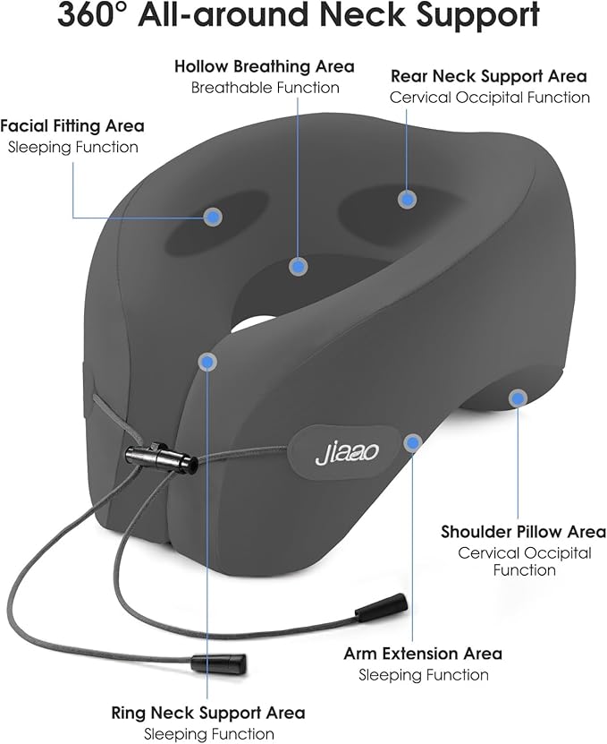 jiaao Upgraded Middle Memory Foam Travel Neck Pillow for Airplane- 360° Ergonomic Head and Neck Support for Flight, Car, Train, Bus - Soft Travel Pillow for Side & Back Sleepers with Travel Pouch
