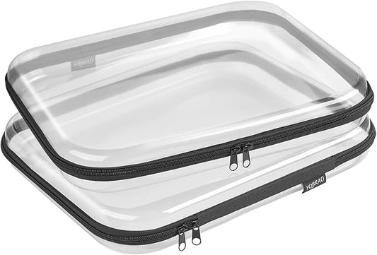 Hard Sided Clear Zipper Case for Storage- Professional-Grade Plastic Clear Zipper Pencil Case,Toy Storage Bins, Toiletry Pouch, Travel Organizer, Cosmetic Bag（Black,2 Pack, L）