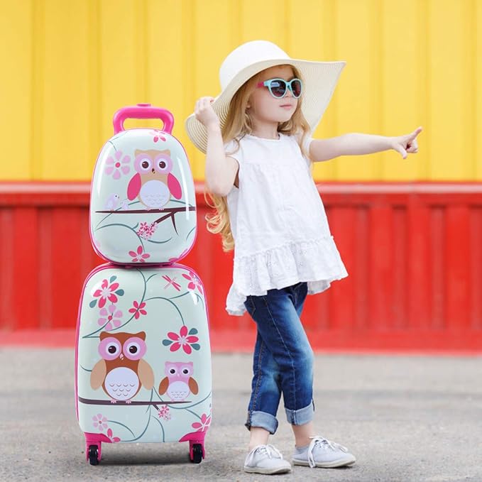 HONEY JOY Kids Luggage, 12” Travel Backpack & 16” Hard Shell Toddler Suitcase, Children Rolling Luggage with Wheels, Retractable Handle & 4 Casters, 2Pcs Carry On Luggage Set for Boys Girls (Owl)