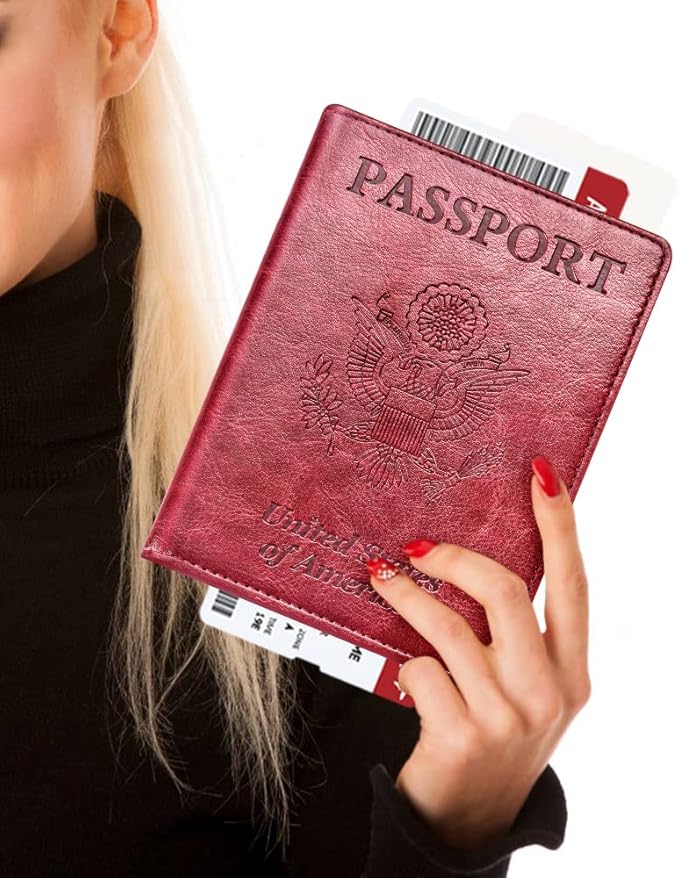 Real Leather Wallet RFID Family Passport Holder Waterproof Travel Black (Red)