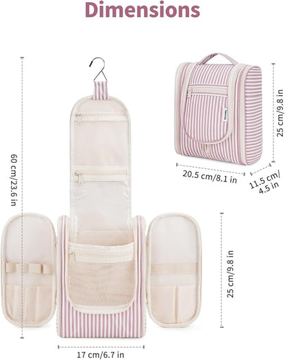 Narwey Small Striped Hanging Travel Toiletry Bag for Women, Travel Bag for Toiletries, Makeup Bag Organizer Cosmetic Bags Make Up Bags for Women (Dusty Rose Stripe)