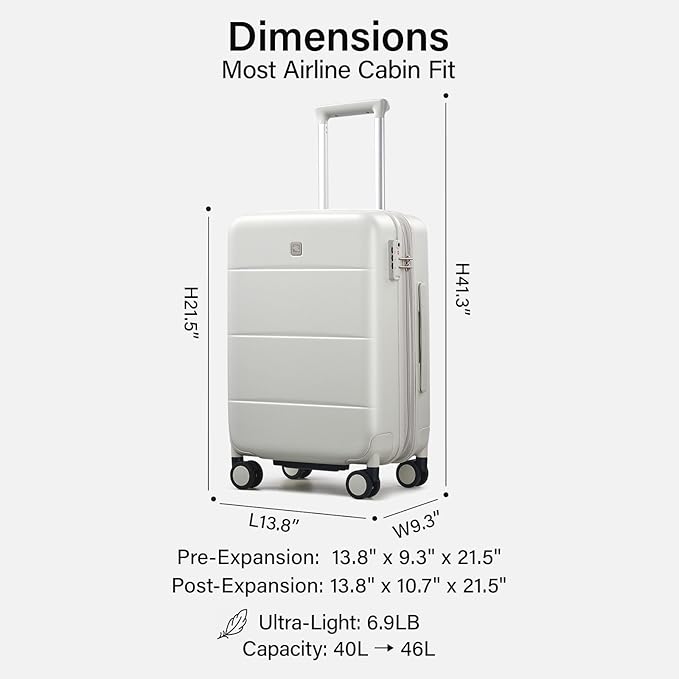 Hanke Expandable Carry On Luggage 22x14x9 Airline Approved, 20 Inch Hardside Luggage with Spinner Wheels, All-PC Hard Shell Carry-On Suitcase, Lightweight & TSA Approved (Smoke White, 46L)