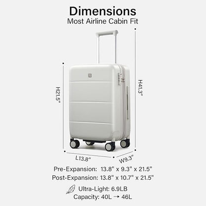Hanke Expandable Carry On Luggage 22x14x9 Airline Approved, 20 Inch Hardside Luggage with Spinner Wheels, All-PC Hard Shell Carry-On Suitcase, Lightweight & TSA Approved (Smoke White, 46L)
