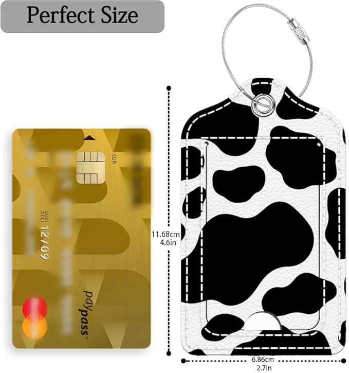 Funny PU Leather Luggage Tags 2-Pack Fantasy Cow Skin Cute Pattern Suitable for Suitcase Stainless Steel Loop and Address Card Essential for Cruise and Airport Travel for Men and Women