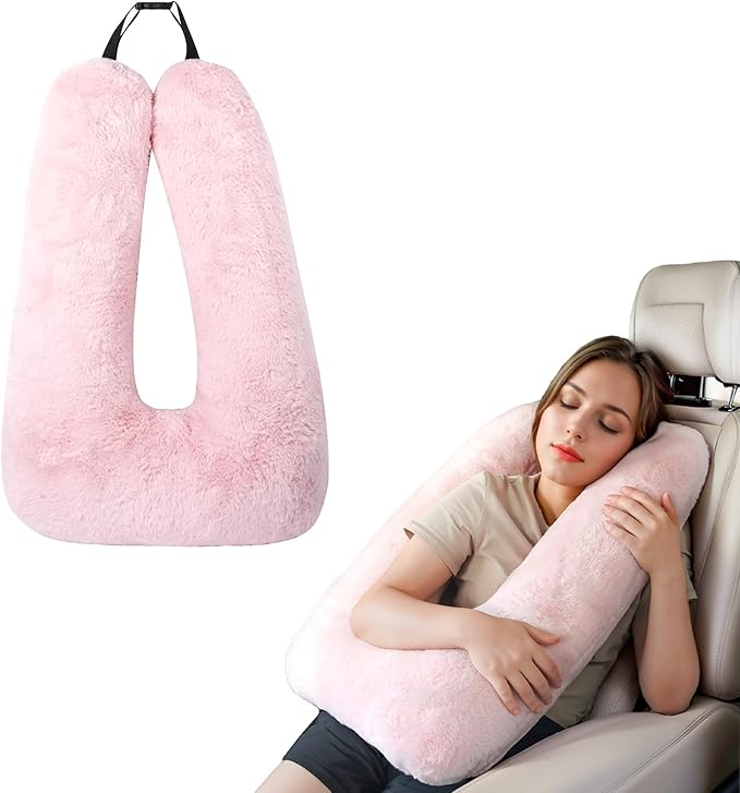 Pink Soft Cotton Travel Neck Pillow -Ergonomic Support for Child and Adult Car Seats, Cozy Compact Pillow for Long-Distance Travel Essentials