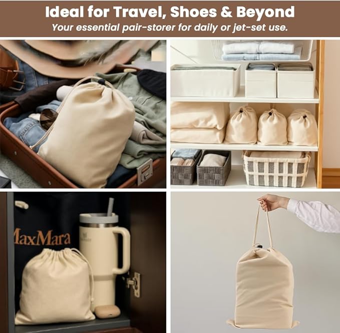 LFH Cotton Shoe Storage Bags with Drawstring, Dustproof Breathable Reusable Organizer, Perfect For Travel, Dorm, Hotel, College, Gym, Easy to Carry, Machine Washable 12"x17" (Pack of 4) - Natural