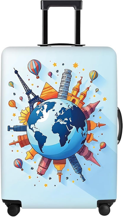 Luggage Cover - World Travel Themed Suitcase Protector with Iconic Landmarks and Hot Air Balloons Tsa Approved- Durable, Elastic, and Stylish Design for Travel Bags,L
