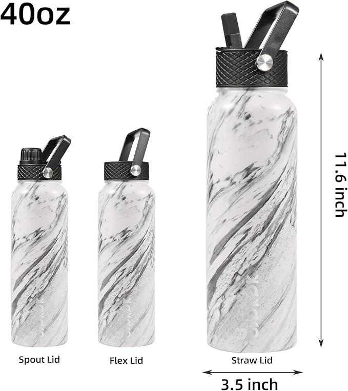 BJPKPK Insulated Water Bottles with Straw Lid, 40oz Stainless Steel Water Bottles with 3 Lids, BPA Free Leakproof Thermo, Tumblers, Cups for Sports, Gym- Marble Frozen