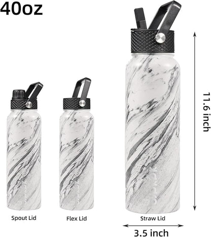 BJPKPK Insulated Water Bottles with Straw Lid, 40oz Stainless Steel Water Bottles with 3 Lids, BPA Free Leakproof Thermo, Tumblers, Cups for Sports, Gym- Marble Frozen