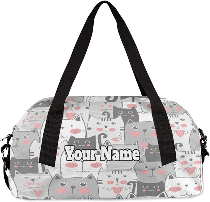 Custom Your Name Lovely Grey Cats Heart Personalized Text Gym Duffle Bag for Kids,Sports Bag for Teens Boys & Girls Small Waterproof Overnight Weekender Carry Practice Travel Bag