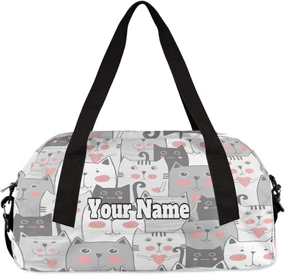 Custom Your Name Lovely Grey Cats Heart Personalized Text Gym Duffle Bag for Kids,Sports Bag for Teens Boys & Girls Small Waterproof Overnight Weekender Carry Practice Travel Bag