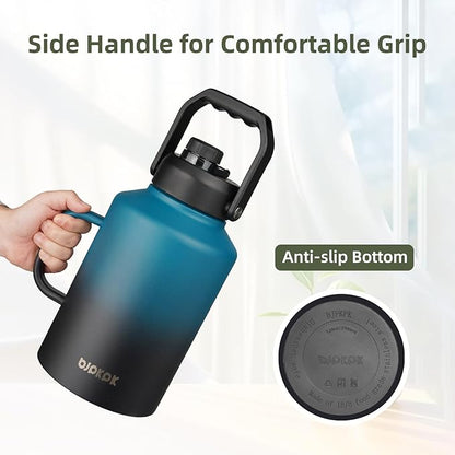 BJPKPK 1 Gallon Water Bottle with Handle, Large Dishwasher Safe 128oz Insulated Water Bottle, BPA Free Water Jug, Wide Mouth Metal Flasks with Anti-slip Bottom, Keep Cold & Hot,Army Green