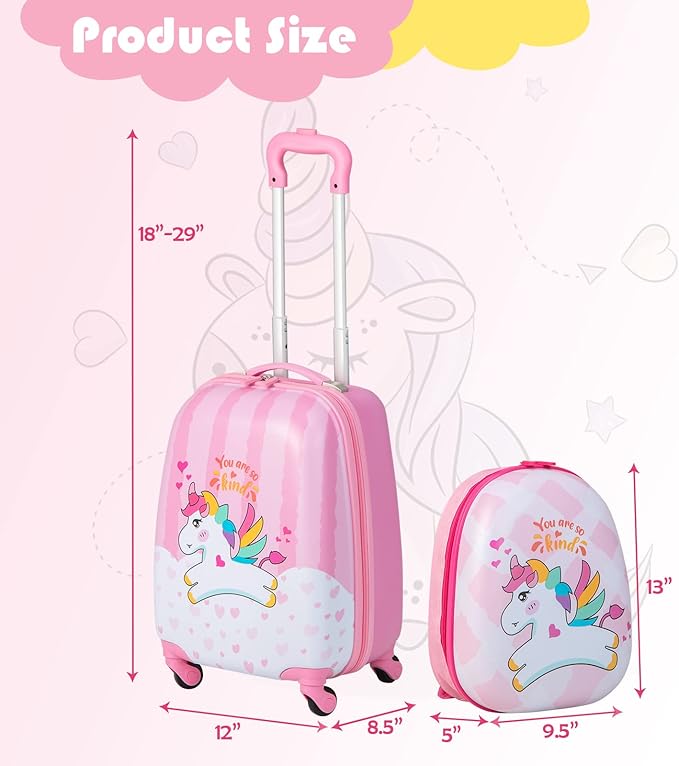 BABY JOY 2 Pcs Kids Luggage Set, 16" Carry-on Luggage Trolley Case & 12" Backpack w/Rolling Wheels, Retractable Handle, Lightweight Airline-approved Design, Kids Suitcase for Girls Boys (Lovely Pony)