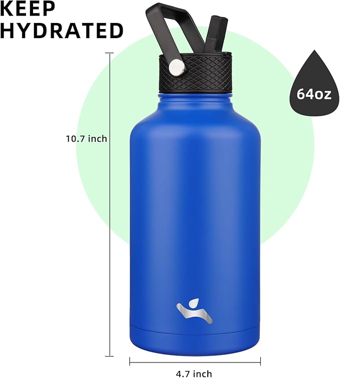 Half Gallon Insulated Water Bottle with Straw,64 oz 3 Lids Water Jug with Carrying Bag,Paracord Handle,Double Wall Vacuum Stainless Steel Metal Flask,Blue