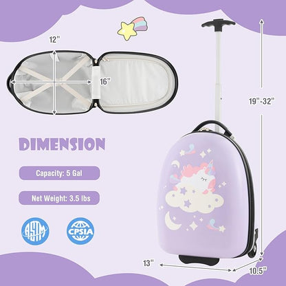 Goplus Kids Luggage, 16’’ Carry On Suitcase with Wheels, Waterproof Hard Shell, Lightweight Rolling Luggage for Travel, Birthday Christmas Gifts for Toddlers, Children, Boys, Girls (Purple-Unicorn)