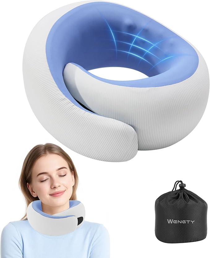 Neck Pillow for Traveling,Travel Neck Pillow for Airplanes,Cooling Fabric,100% Pure Memory Foam,Neck Pain Relief,Ergonomic Support for Long Flight (Small Size)(Blue, Compact Size-(Petite Fit))