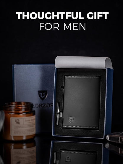 LORZOR Wallet for Men with Metal Card Holder, Pop Up Wallet, Finest Full Grain Leather Trifold Wallet, Smart, Minimalist, RFID Blocking, Front Pocket, ID Window, Black/Silver