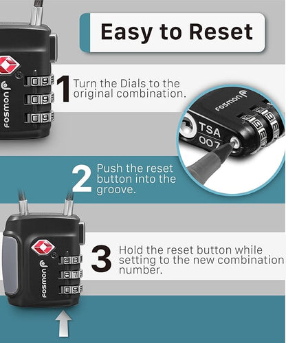 Fosmon TSA Approved Cable Locks for Luggage, Suitcase, Gun Case Lock with Push Release Button, 3 Digit Long Shackle Combination Wire Lock for Backpack