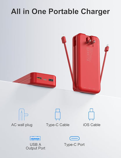 20000mAh Ultra-Portable-Charger-Power-Bank PD20W with Built in Cables&AC Wall Plug,Fast Charging Cell Phone Charger Battery Pack,LED Display Travel Battery Bank for All iPhone,Samsung,Android