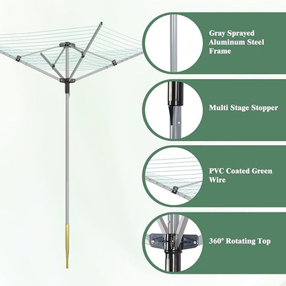 Outdoor Umbrella Drying Rack 165 Feet Umbrella Clothesline with 12 Lines Rotary Drying Rack Adjustable Height 4-Arm Foldable Clothes Drying Rack with Protective Cover for Backyard- Green