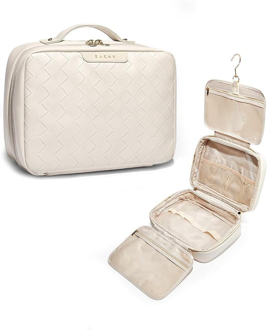 EACHY Travel Toiletry Bag with Hanging Hook, Portable Makeup Cosmetic Bags for Women, Water-Resistant Full-Size Travel Accessories (Plait White)