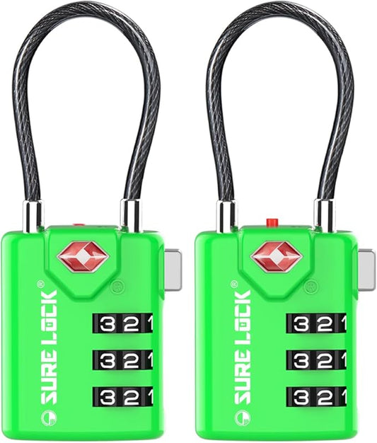 SURE LOCK TSA Approved Combination Luggage Locks with Open Alert Indicator – Durable Zinc Alloy Cable Travel Locks with Large Easy-Read Dials for Suitcases, Backpacks & Gym Bags （Green 2 Pack