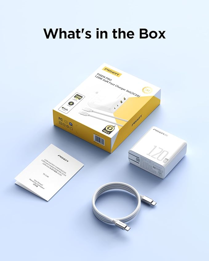 PISEN 120W USB C Charger - 120W 4-Port GaN USB C Charger Block Fast Charging with 6FT USB-C to C Cable, 120W Charger for MacBook Pro/Air, Pixelbook, iPad, iPhone Series, Samsung, Pixel 8, Steam Deck