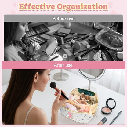 Personalized Travel Makeup Bag Set,Initial Travel Cute Cherry Makeup Organizer Bag,Toiletry Skincare Cosmetic Bag,Christmas Gifts for Women/Girls,Open Flat Toiletry Pouch with Brush Pocket-I