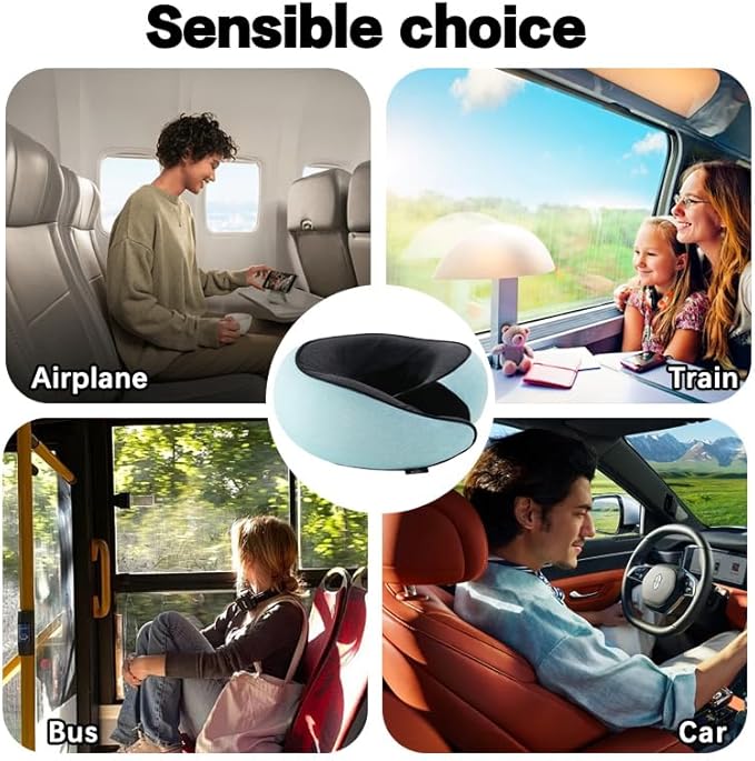 Travel Neck Pillow | Memory Foam Neck Pillow, New Portable U-Shaped Pillow with Neck Support, Washable Cover, Compact for Plane, Office, Bus, Train, Sofa, Nap–Includes Storage Bag - Cyan