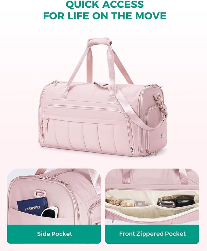 WANDF Convertible Garment Bags for Travel with Wet Pocket Carry on Garment Duffle Bag 2 in 1 Puffy Hanging Clothes Travel Bags with Shoe Compartment for Airplanes Business Weekend Gym Wedding (Pink)