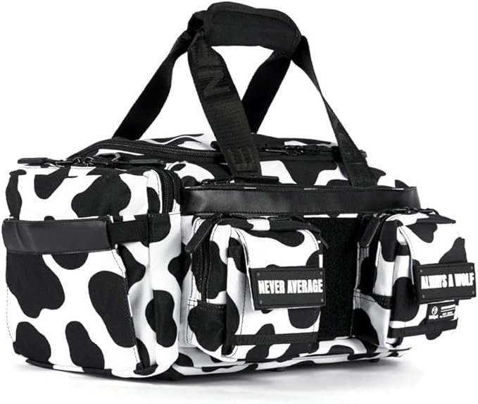 WOLFpak 20L Mini Duffle Bag for Gym & Travel | Waterproof Carry-On Weekender Bag with Shoe Compartment, Hard Bottom, and Tactical Molle System (Black & White Cow)