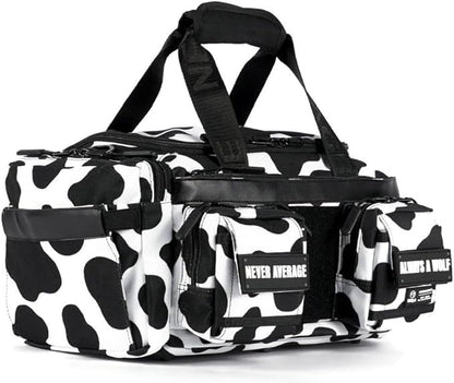 WOLFpak 20L Mini Duffle Bag for Gym & Travel | Waterproof Carry-On Weekender Bag with Shoe Compartment, Hard Bottom, and Tactical Molle System (Black & White Cow)