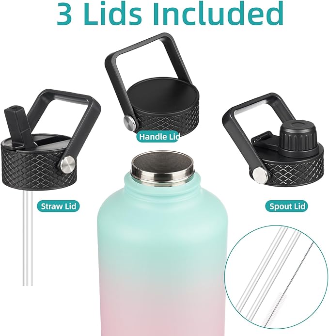Insulated Water Bottle with Straw,87 oz 3 Lids Water Jug with Carrying Bag,Paracord Handle,Double Wall Vacuum Stainless Steel Metal Flask,Gum
