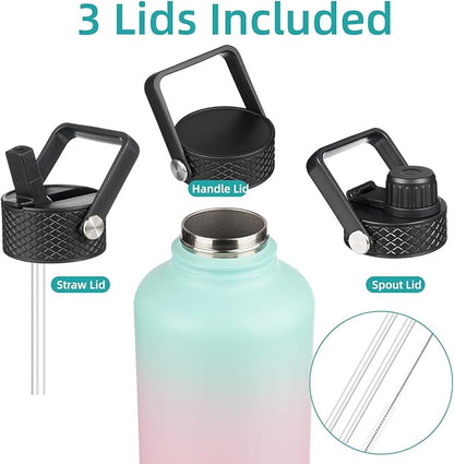 Insulated Water Bottle with Straw,87 oz 3 Lids Water Jug with Carrying Bag,Paracord Handle,Double Wall Vacuum Stainless Steel Metal Flask,Gum