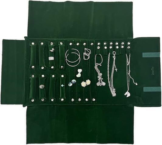 UnionPlus Velvet Jewelry Case Roll Bag for Necklace Bracelet Earrings Rings Multi-compartments, Great Jewelry Organizer for Travel, Blackish Green