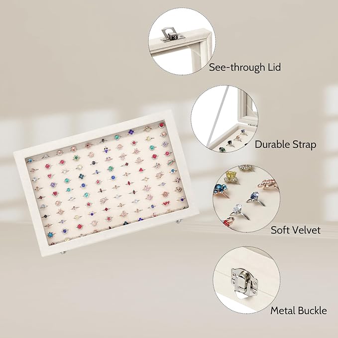 Stratalife Jewelry Organizer Ring Storage Display Tray with Clear Glass Lid Velvet Jewelry Showcase Ring Box for Multiple Rings Drawer Display 100 Slot (Beige)
