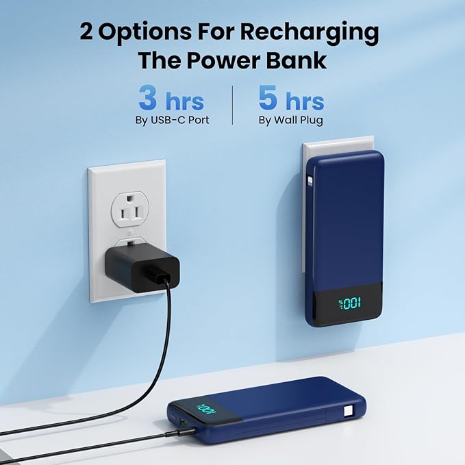 Portable Charger for iPhone with Built in Cables and Wall Plug,Upgraded 13800mAh Fast Charging USB C Power Bank,4 Outputs Travel Essential Battery Pack Compatible with iPhone 17/16/15/14,Samsung-Blue