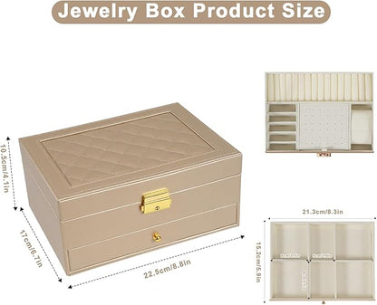 GUOER Jewelry Box for Women Girl Wife - Large PU Leather Jewelry Organizer Storage Case with Two Layers Display for Earrings Bracelets Rings Watches (Champagne)