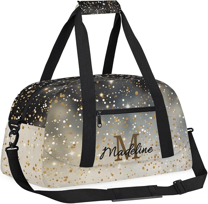 Personalized Kids Sports Duffel Bag with Name Custom Weekender Overnight Bag for Boys Girls Gym Bag Travel Dance Gymnastics Duffel Bag, Black Glitter Yellow Shiny