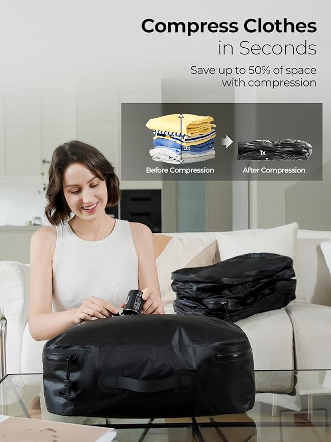 Vacuum Bags for Travel with Wireless Pump, 180° Open Zipper, IP67 Waterproof, Reusable Space Saver Compression Bags for Backpack, Suitcase, Home Storage(1 Pack + Pump)
