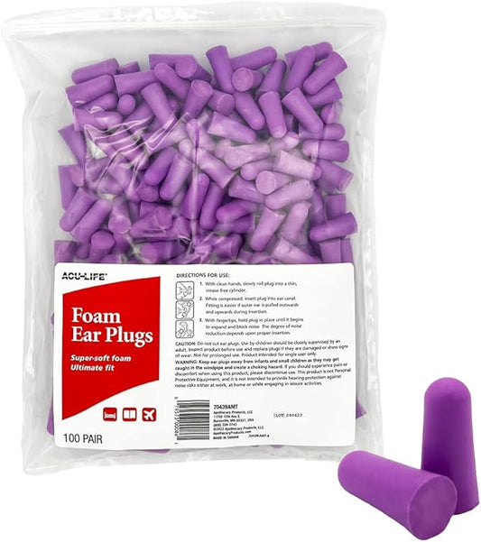 Acu-Life Foam Ear Plugs (100 Pair), Super-Soft Ear Plugs for Sleeping, Snoring, Noise, Ideal for Studying and Traveling, Ultimate Fit, Purple